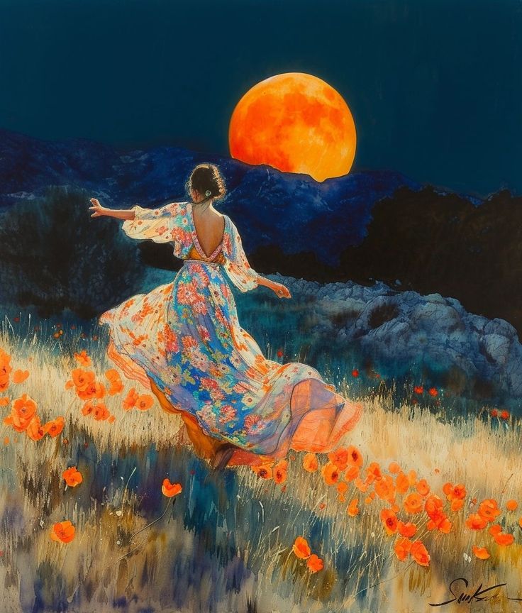 a painting of a woman in a field with an orange moon