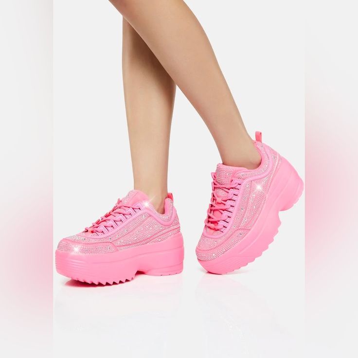 These Sneakers Come With A Treaded Platform Sole, Lace Up Tie Closures, And Rhinestone Details All Over The Shoes Upper. The Ultimate Princess Sneakers For The Princess That Doesn’t Even Wear Sneakers Casual Pink Sneakers With Rhinestones, Pink Rhinestones Sneakers In Synthetic, Pink Sporty Sneakers For Party, Pink Platform Sneakers, Princess Sneakers, Brown Gladiator Sandals, Ecco Sandals, Sorel Sandals, Clarks Desert Boot