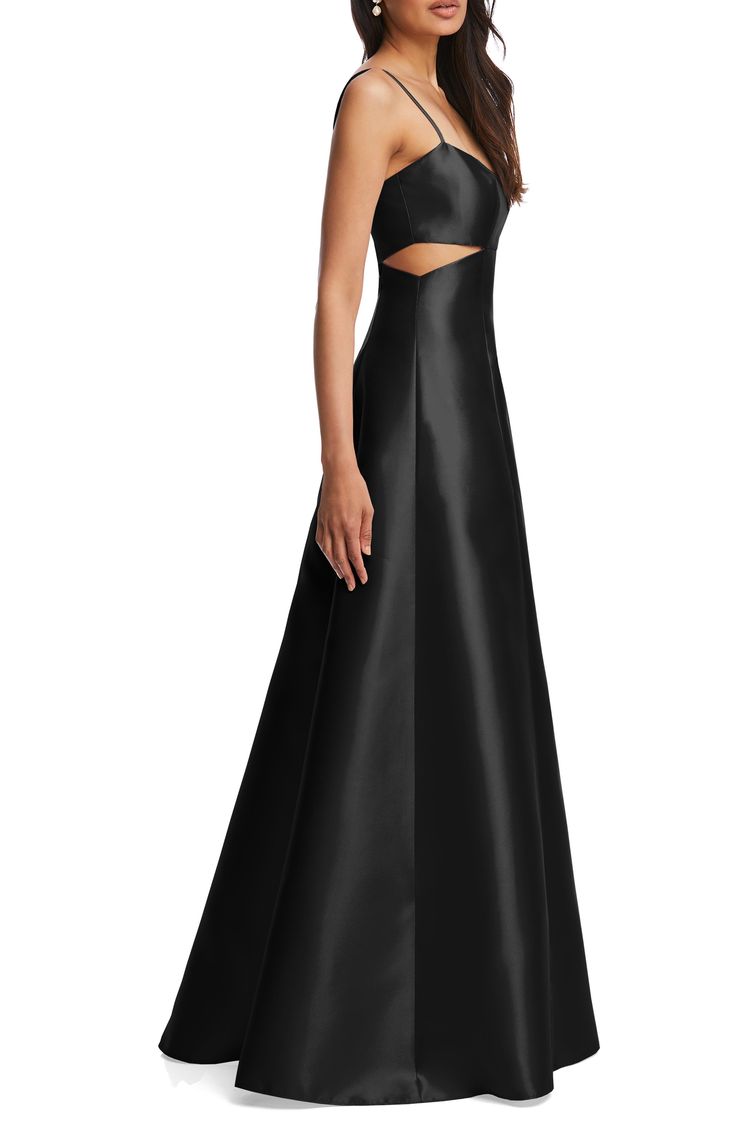 Side cutouts at the bodice bring a contemporary look to this lustrous satin gown detailed with a dancefloor-friendly front slit. 52 1/2" length (size 8) Sweetheart neck Adjustable straps Lined 100% polyester Dry clean or hand wash, line dry Imported Tale Dress, Mothers Gowns, Side Cutout Dress, Cute Formal Dresses, Alfred Sung, Bridesmaid Gowns, Satin Evening Dresses, Fabulous Clothes, Pretty Prom Dresses