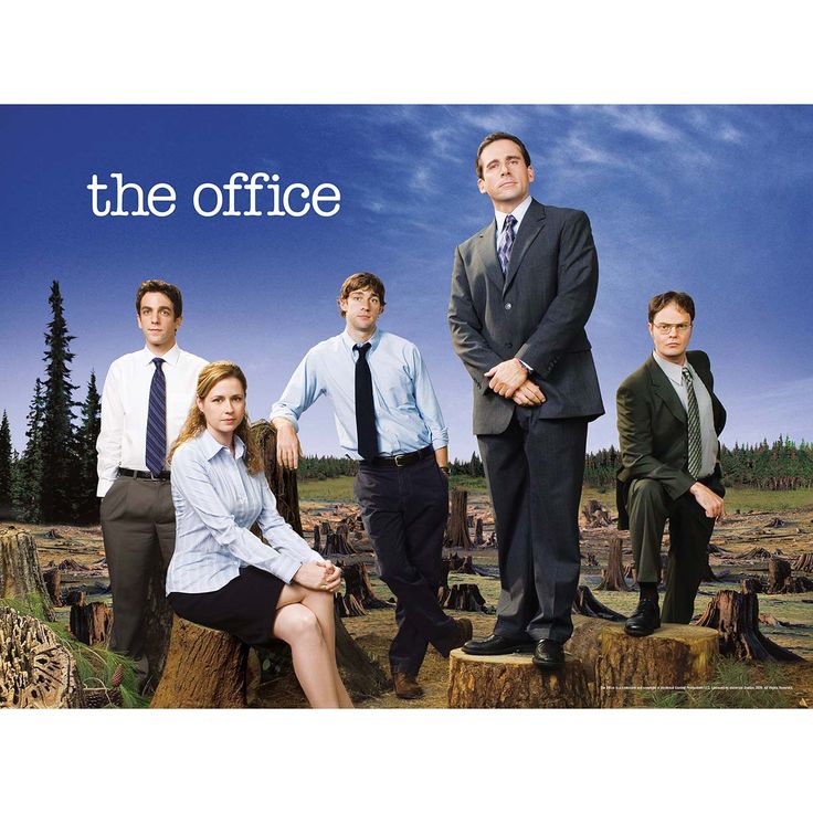 the office tv series poster with four men in business attire standing on top of stumps