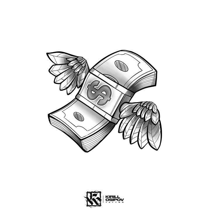 a drawing of money with wings flying around it