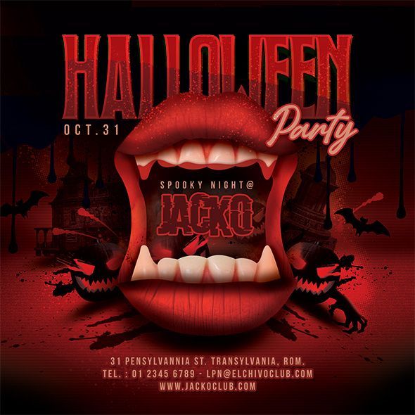 halloween party flyer with mouth open and fangs on the tongue, in red tones for an event