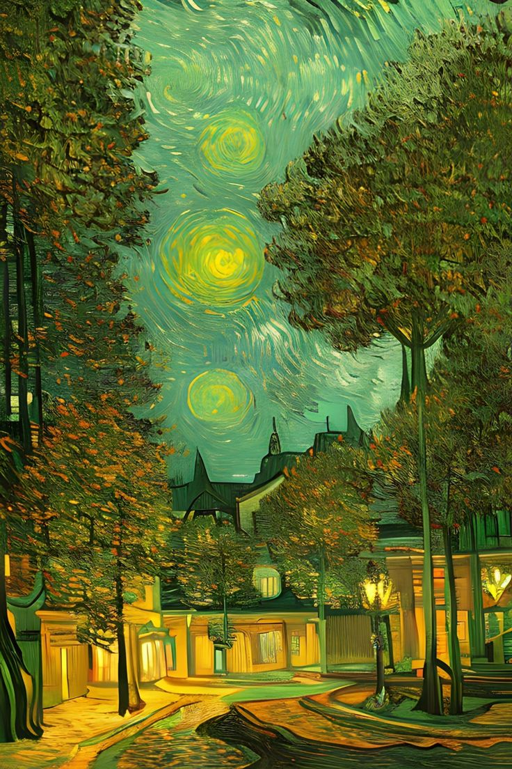 a painting of a street with trees and buildings in the background, under a starry sky