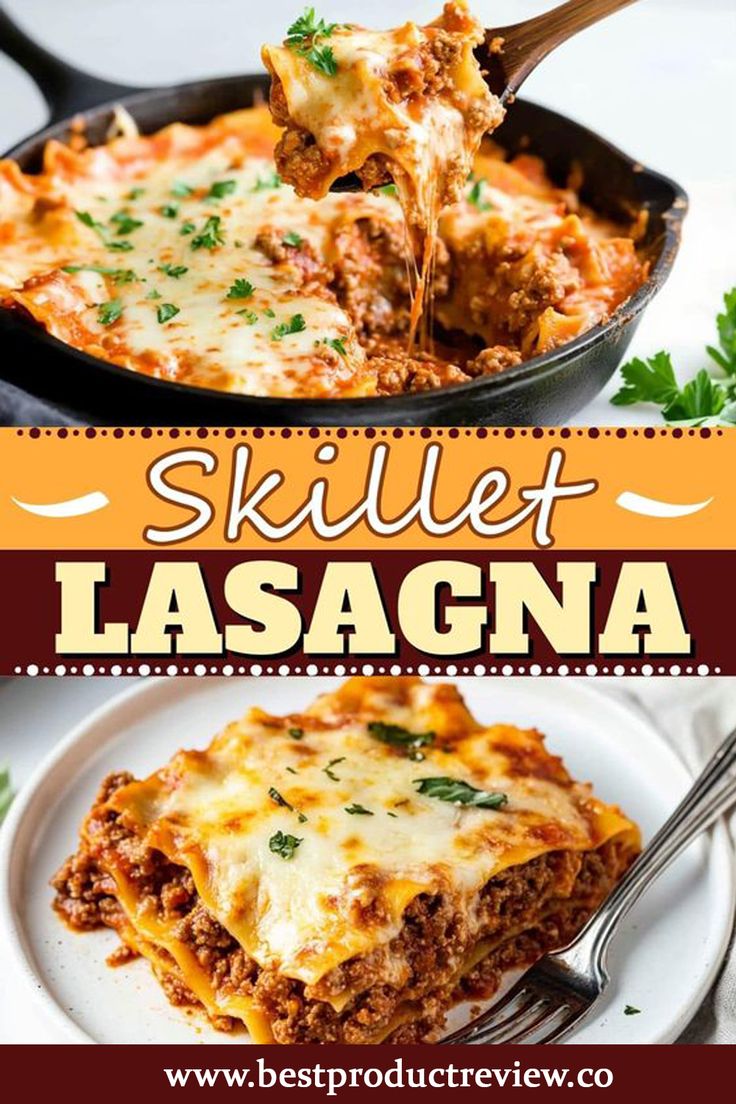 a skillet lasagna with meat and cheese in it is being lifted by a fork