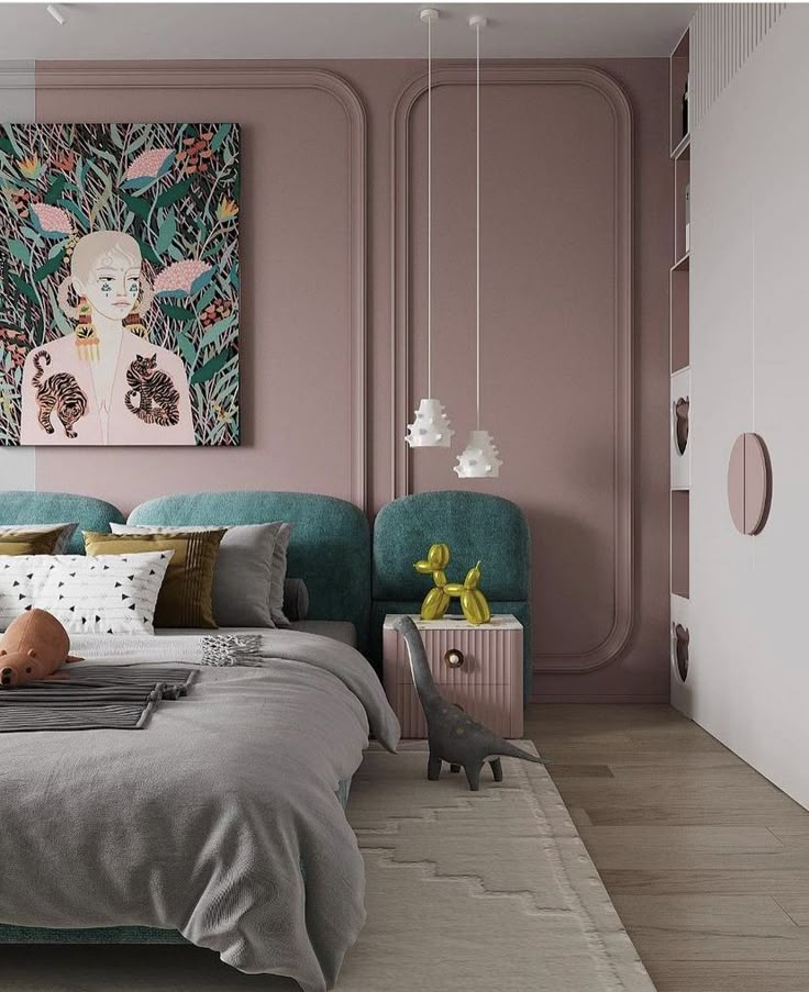 a bedroom with pink walls and grey bedding in the center, an animal sculpture on the wall