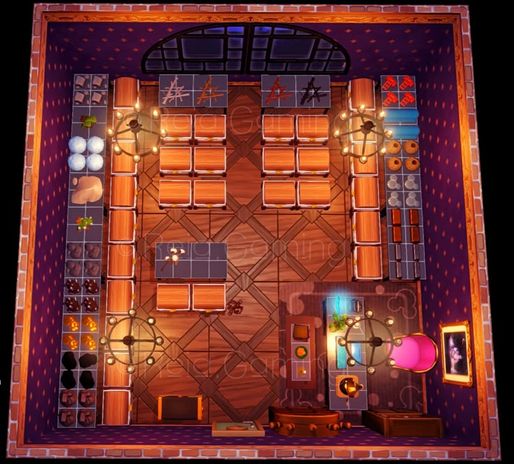 an overhead view of a kitchen and living room in the game, which is made up of