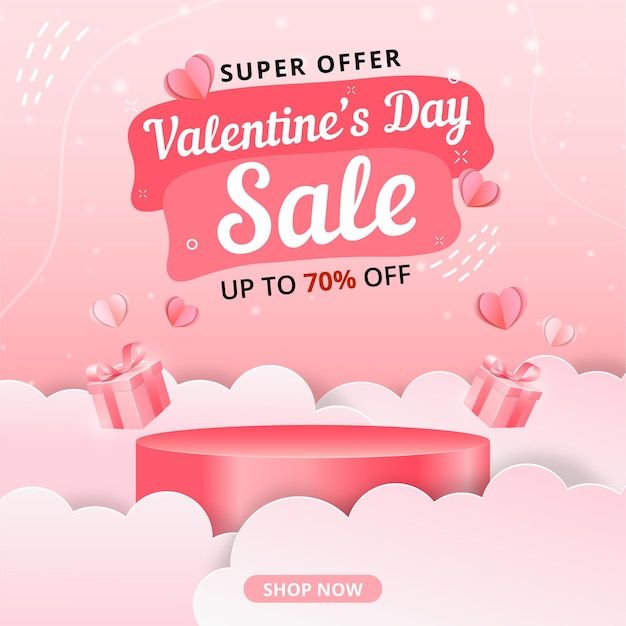 valentine's day sale up to 70 % off with pink background and white clouds