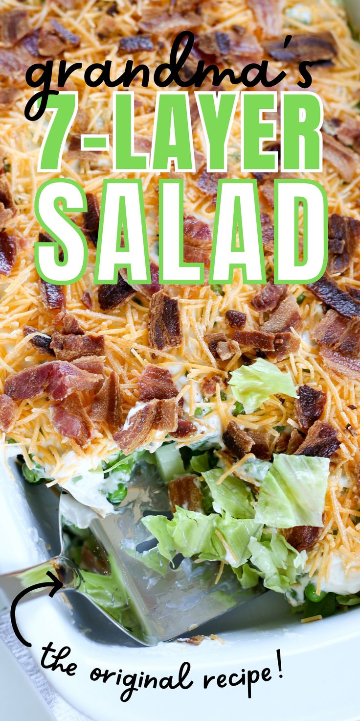 dish full of 7 layer salad with scoop Layered Garden Salad, Pea Layered Salad, 7 Layer Salad With Broccoli, Easy Seven Layer Salad, Layered Lettuce Salad Recipes, Layered Pea Salad With Bacon, Fresh Pea Salad, Layered Salad Recipes Easy, Layered Lettuce Salad With Peas