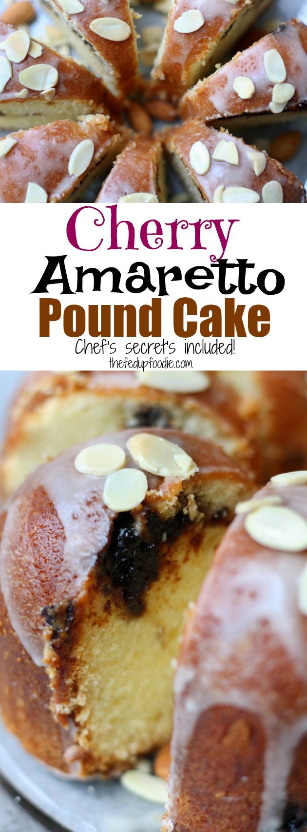 a close up of a bundt cake with almonds on top and the words cherry amarettoo pound cake above it