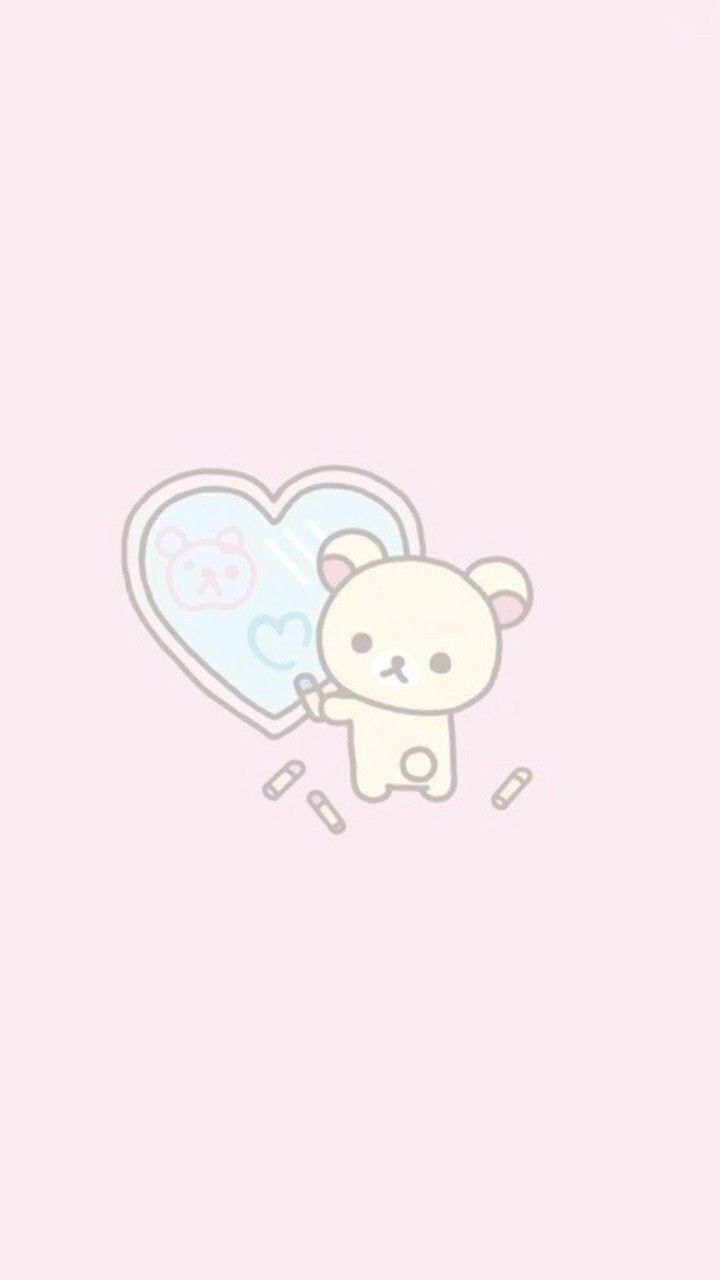 a pink wallpaper with an image of a teddy bear holding a heart