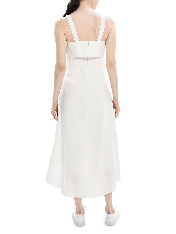 Crafted Of A Breezy Linen Blend Fabric, Theory's Dress Is Cut In A Fit-And-Flare Silhouette And Features A Foldover Detail At The Bodice. This Style Is Finished With A High-Low Hem. Square Neck Sleeveless Wide Straps Back-Zip Closure Linen, Viscose & Elastane Dry Clean Imported Size & Fit Fit & Flare Silhouette About 44.25" From Shoulder To Hem Model Shown Is 5'10" (177cm) Wearing Us Size 4 Undefined A-line Midi Dress With Structured Boning, Spring A-line Dresses With Structured Boning, Sleeveless Midi Dress With Structured Boning, Sleeveless Summer Dress With Structured Boning, White Sleeveless Dress With Structured Boning, Chic Asymmetrical Sleeveless Dress With Fitted Bodice, Theory Dress, Princess Seam, White Midi Dress