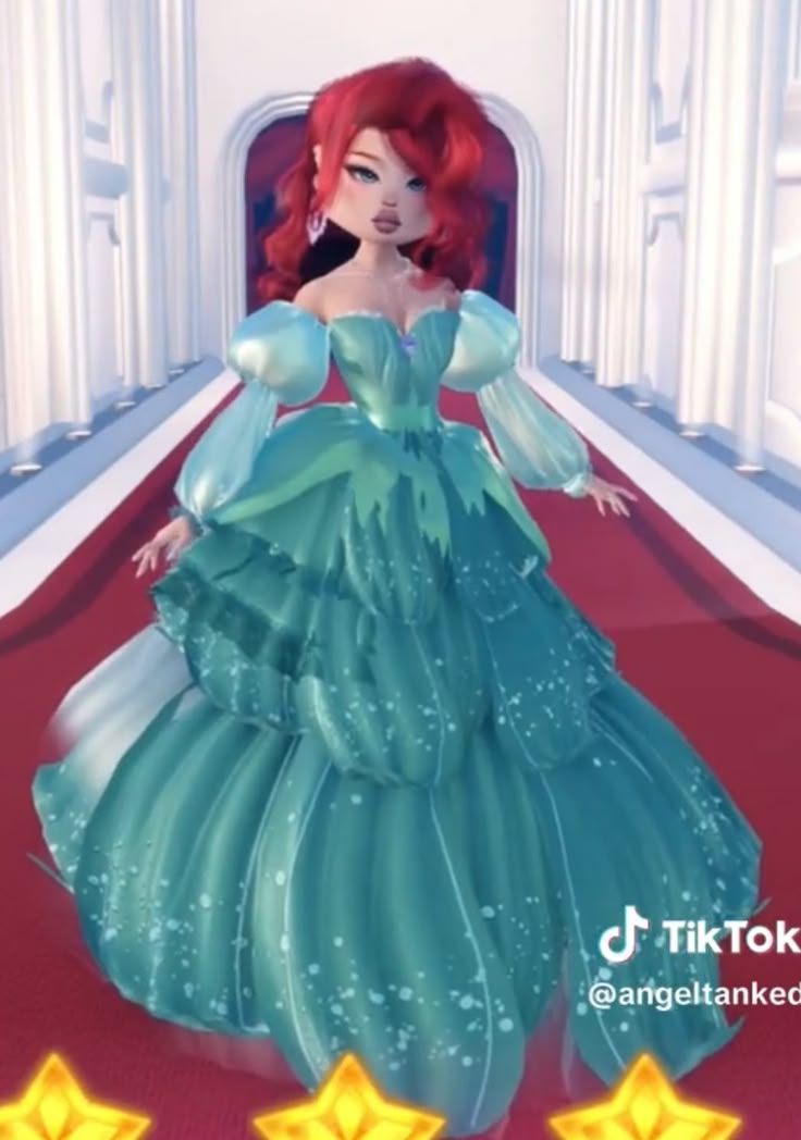 an animated image of a woman in a green dress on a red carpet with stars around her