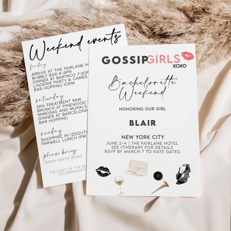 two pamphlets are laying on top of a white sheet with black writing that says gossipgirls