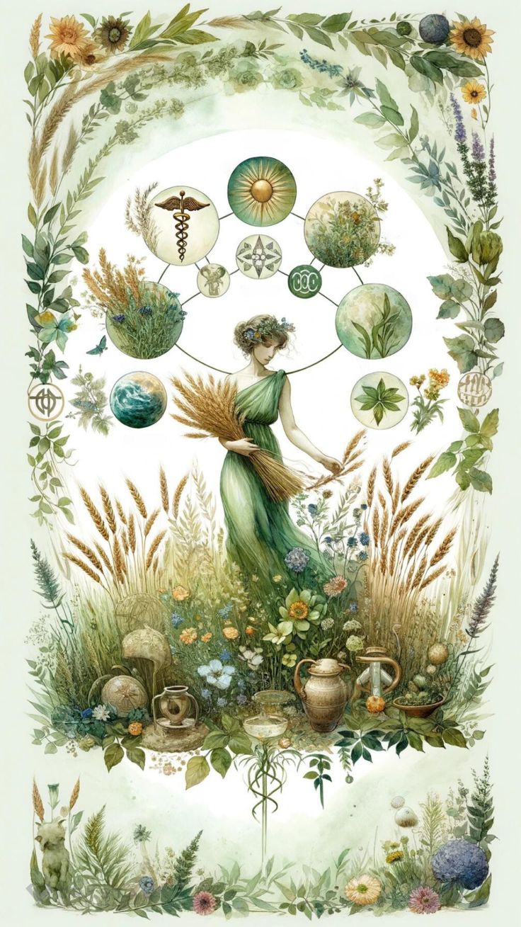 a painting of a woman surrounded by plants and flowers with the symbols of nature around her