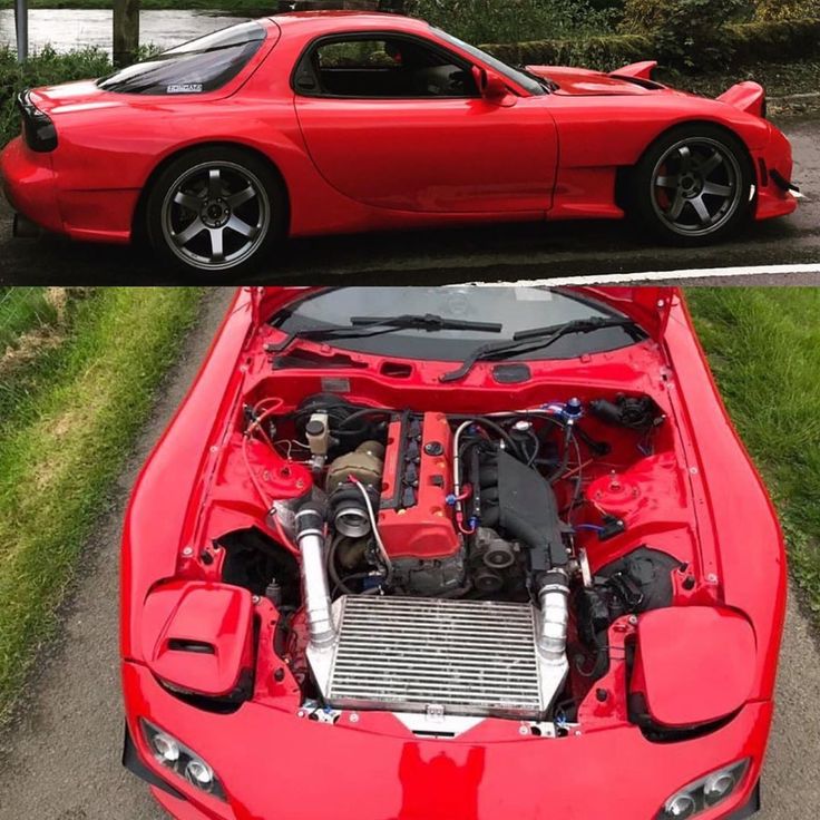 two pictures side by side of a red sports car with the hood up and engine showing