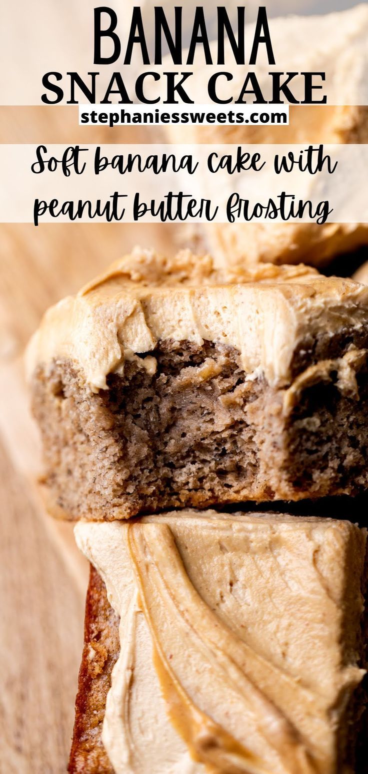 banana snack cake with peanut butter frosting cut in half on a wooden cutting board