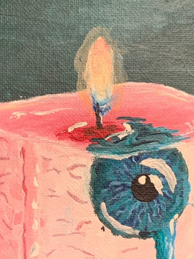 a painting of a blue candle on top of a pink cake with frosting and sprinkles