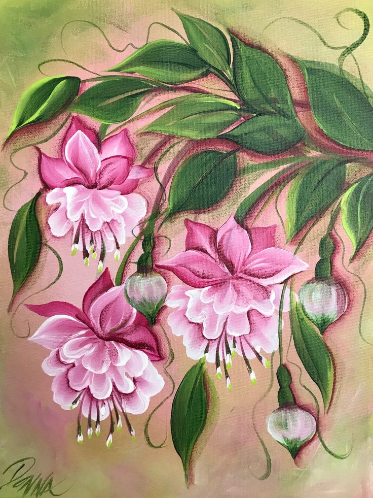 a painting of pink flowers and green leaves