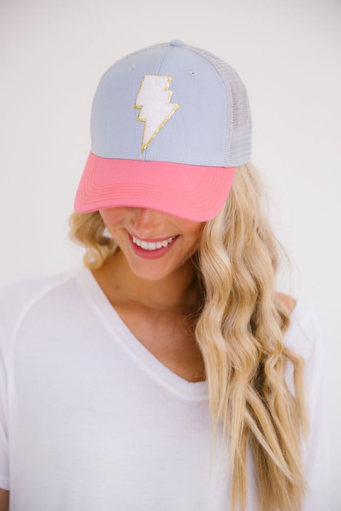 This hat is perfect for the beach, gym, a hike, or just to cover up a bad hair day. We won't judge! Pink Lightning Bolt, Extra Outfits, Beach Gym, White Lightning, Patch Hat, Bad Hair Day, Bad Hair, Lightning Bolt, Preppy Outfits