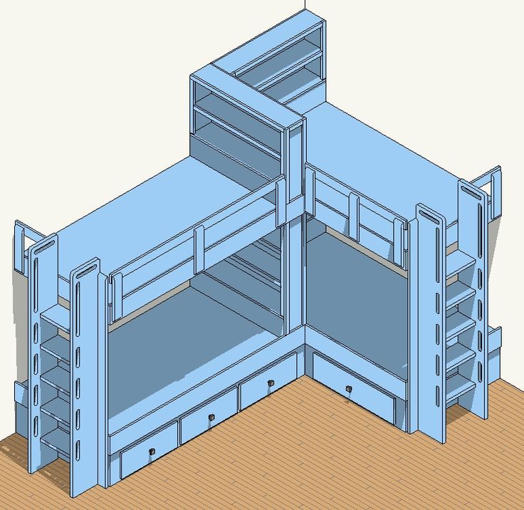 a blue bunk bed sitting on top of a wooden floor next to an open drawer