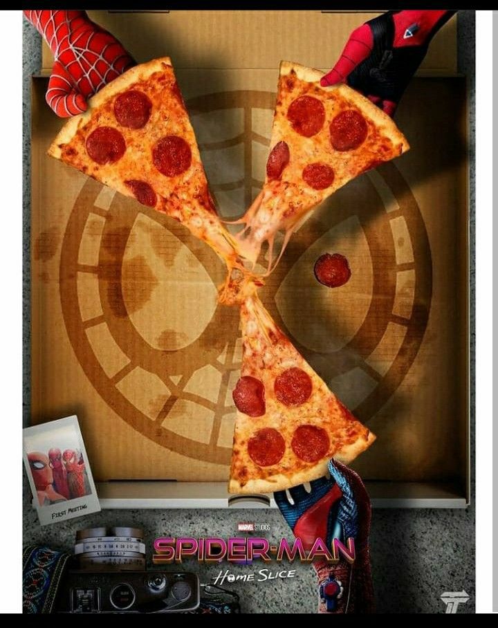 the poster for spider - man is shown with pizza slices cut into four pieces in front of it