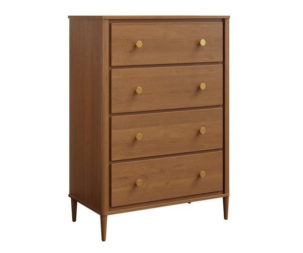 a wooden dresser with four drawers and gold knobs