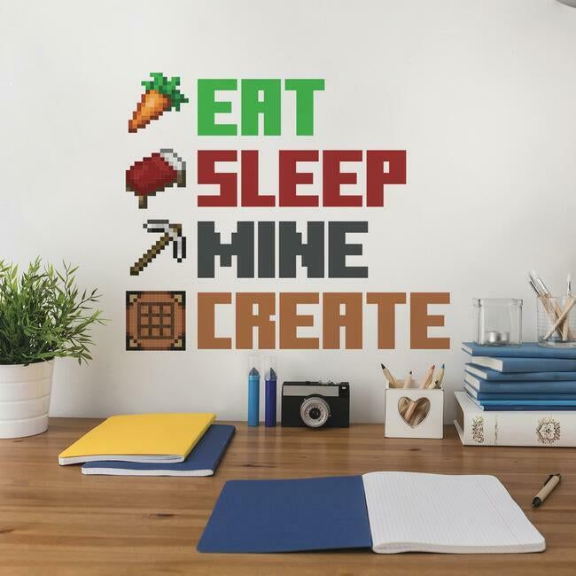 a wall decal with the words eat sleep mine create on it and an image of carrots