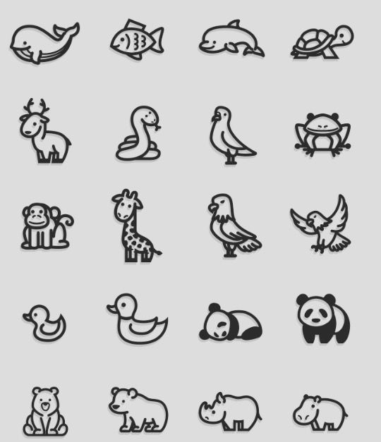 various animals and birds are depicted in this black and white icon set on a gray background