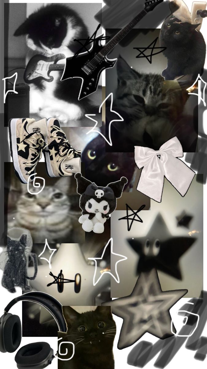 a collage of black and white pictures with cats, stars, and other objects