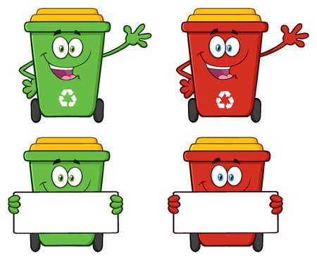 four cartoon trash cans with different expressions holding a blank sign and pointing to the side