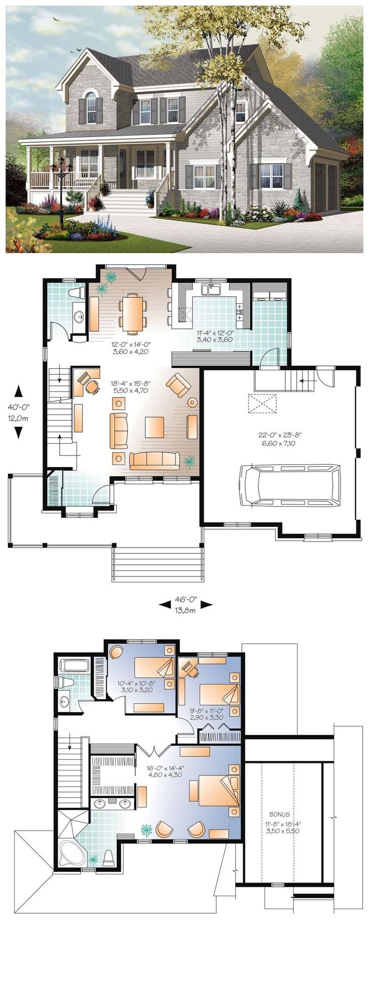 two story house plans with floor plans and measurements for each room, including the living area