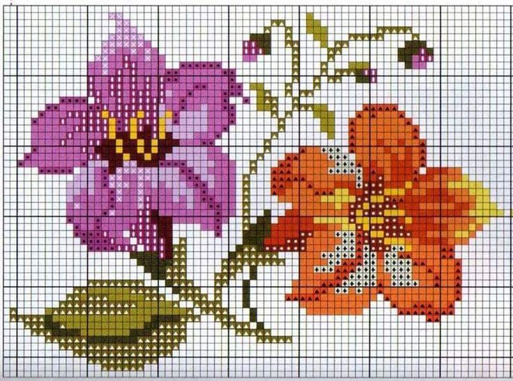 two flowers are shown in cross stitch on a white background, one is purple and the other is orange