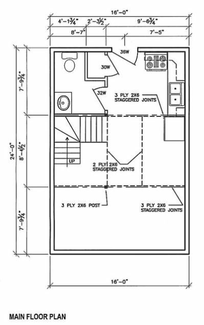 a floor plan for a small house with stairs and a second story bedroom in the background