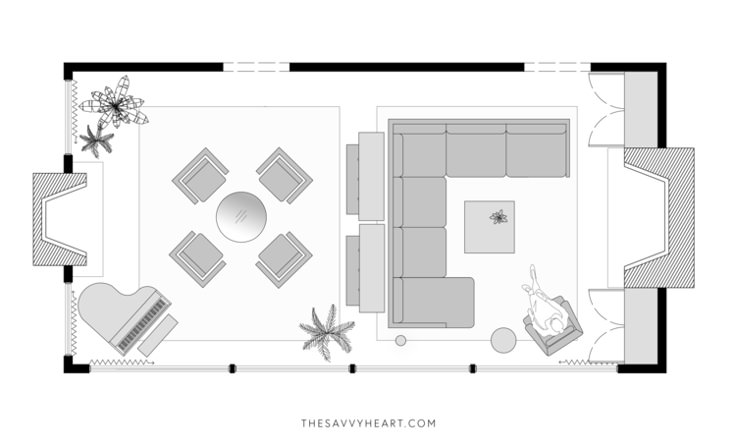 an overhead view of a living room and dining area with couches, coffee table, chairs