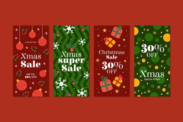 three christmas sale banners with presents and decorations on green and red background, set of 3