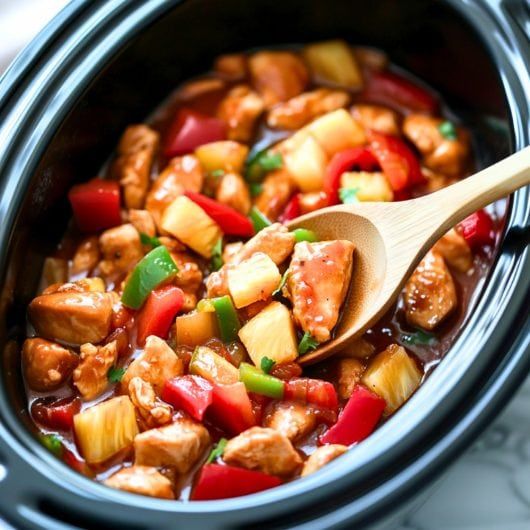 a wooden spoon in a slow cooker filled with chicken, pineapples and peppers