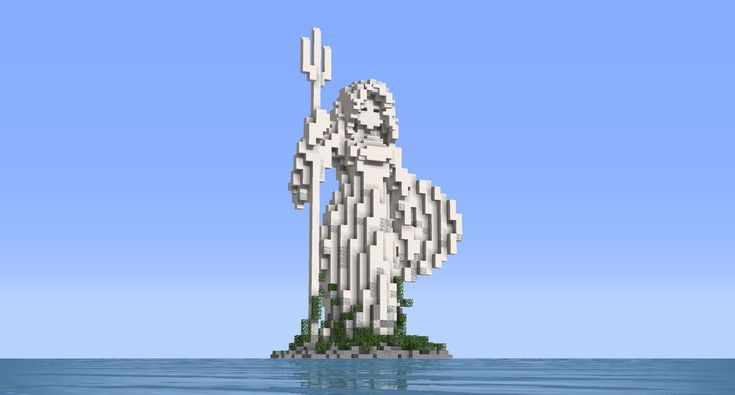 an image of a statue made out of lego blocks in the water with a spear