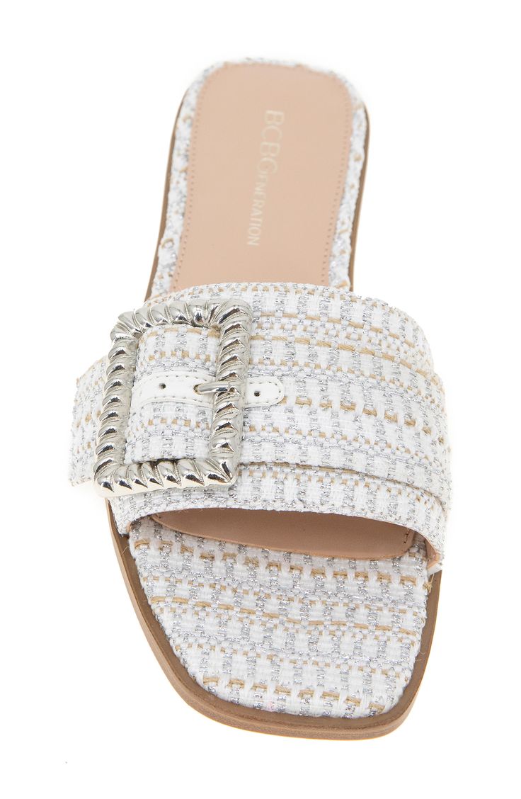 A polished buckle tops a handsome sandal featuring a classic squared-open toe and grounded by a low block heel. Synthetic upper, lining and sole Imported Spring Slides With Rectangular Buckle Closure, Spring Sandals With Heel Strap And Rectangular Buckle, White Mules With Buckle Closure For Formal Occasions, White Sandals With Buckle Closure And Square Toe, White Open Toe Mules With Buckle Closure, White Open Toe Mules With Buckle, White Square Toe Sandals With Buckle Closure, Silver Open Toe Slides For Summer, Classic Silver Sandals For Summer