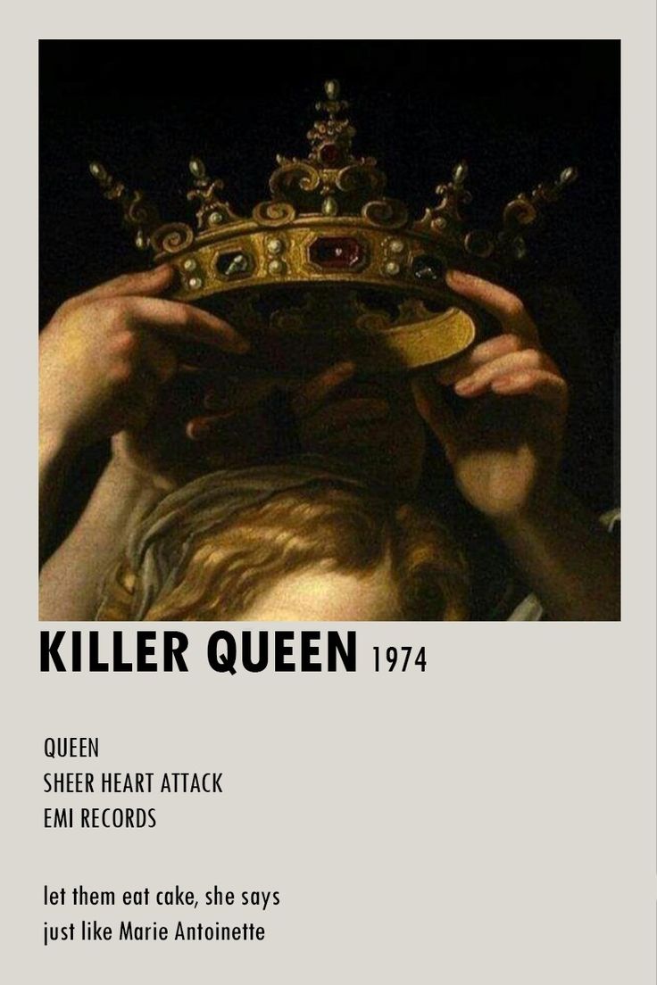 a poster with the words killer queen in black and white, on top of a woman's head