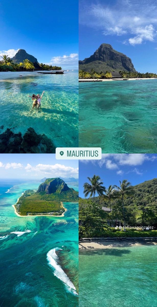 four different pictures of the ocean and mountains