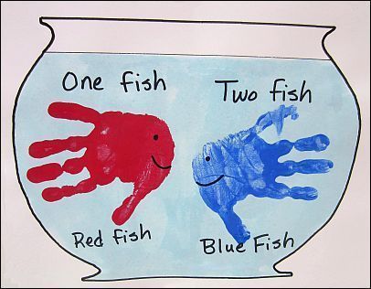 one fish, two fish and red fish in a bowl with blue handprints