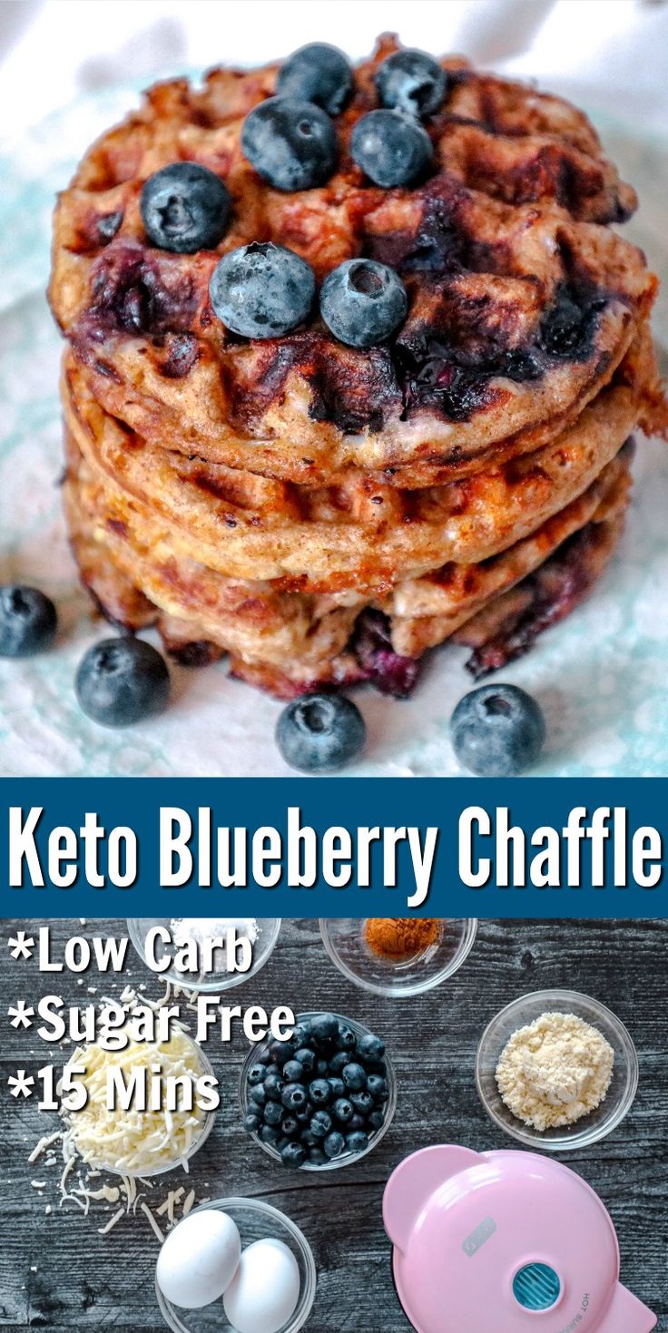 keto blueberry waffles are stacked on top of each other and ready to be eaten