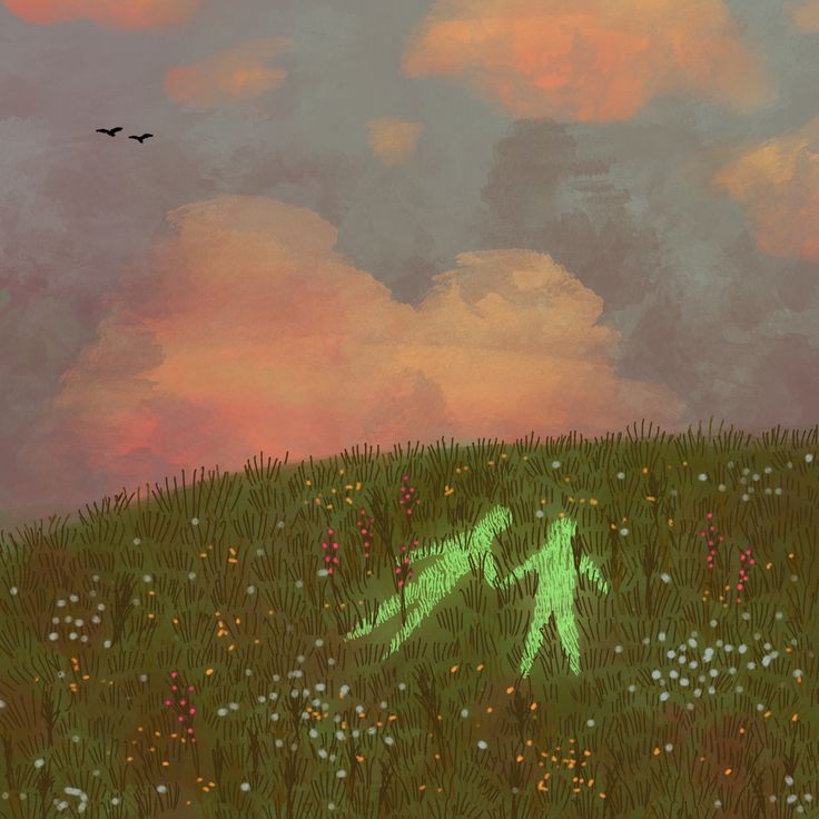 a painting of two people walking through a field with flowers and birds flying overhead in the sky