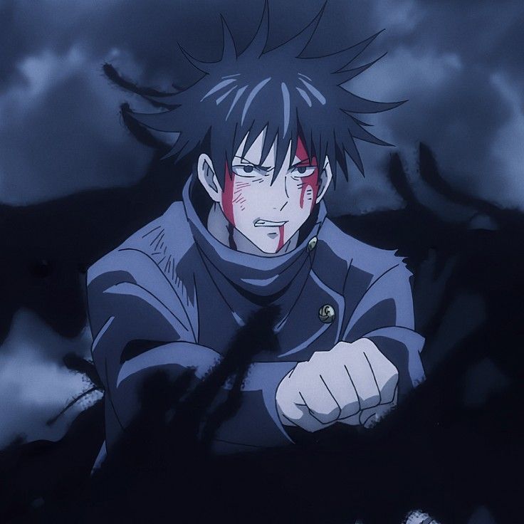 an anime character with black hair and red eyes pointing his finger at the camera in front of dark clouds