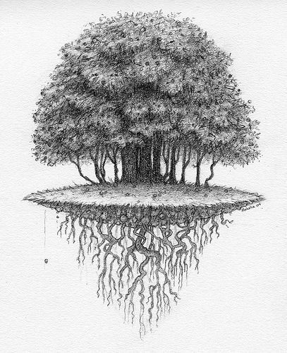 a drawing of a tree on an island with roots hanging from it's sides