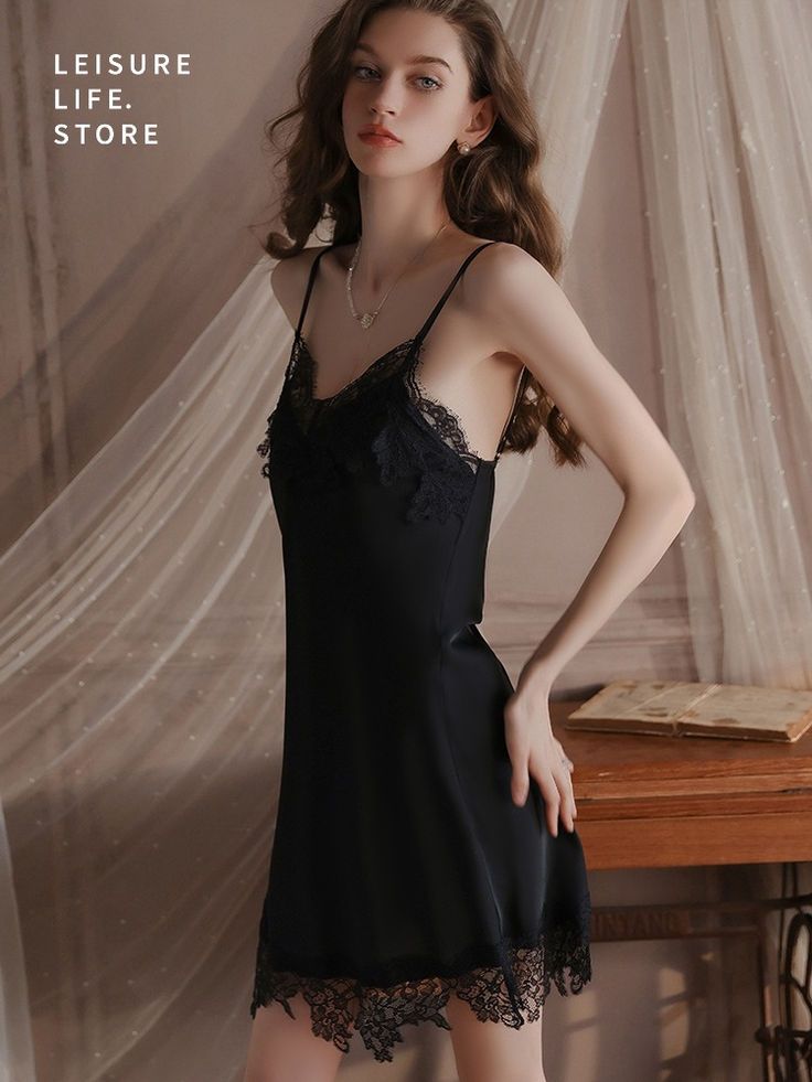 black Silky Satin Lace Nightdress Sexy Deep V Suspender Nightdress Robe Home Clothes Set Night Out Camisole Chemise With Built-in Bra, Fitted Slip With Built-in Bra For Night, Sleeveless Stretch Mini Dress For Night, Stretch Sleeveless Mini Dress For Night, Coquette Satin Sleepwear For Night Out, Black Satin Slip Dress For Wedding Night, Black Slip Dress For Wedding Night, Sleeveless Chemise For Night Out, Fitted Chemise With Built-in Bra For Night Out