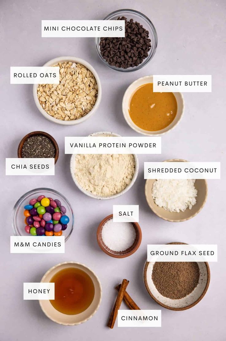 the ingredients to make chocolate chip cookies are shown in small bowls and labeled on each side