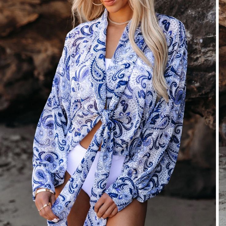 100% Polyester Can Be Worn As A Cover Up Or Blouse Never Worn/Washed Dolman Sleeves, High Low Hemline Paisley Tie, Tie Top, Dolman Sleeve, High Low, Paisley, Cover Up, Blue White, Top Blouse, Blouses