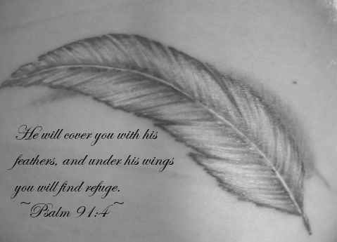 a black and white photo with a feather on it's chest, saying he will never go with his feathers, and under his wings you will find refuge