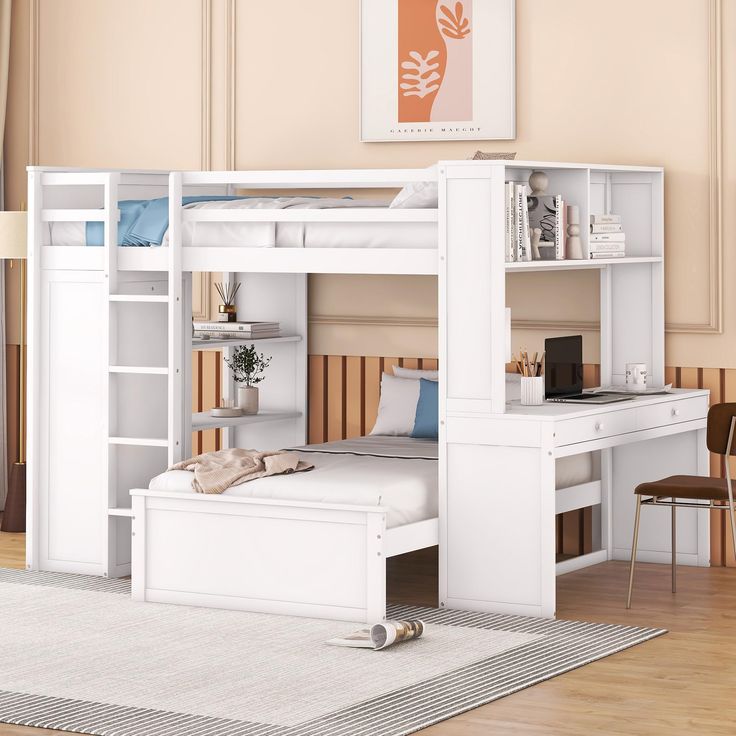 a white bunk bed sitting next to a desk